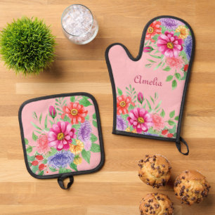 Cute Watercolor Flowers on Pink Background Oven Mitt & Pot Holder Set