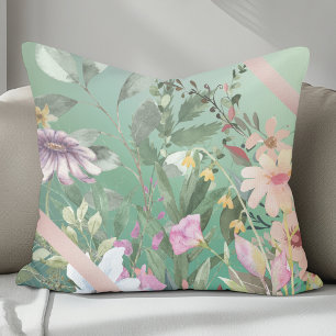 Cute Watercolor Flowers With Sage Green Background Cushion