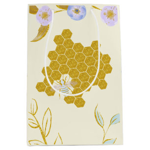 Cute Watercolor Flowery Golden Honey Beehive Medium Gift Bag