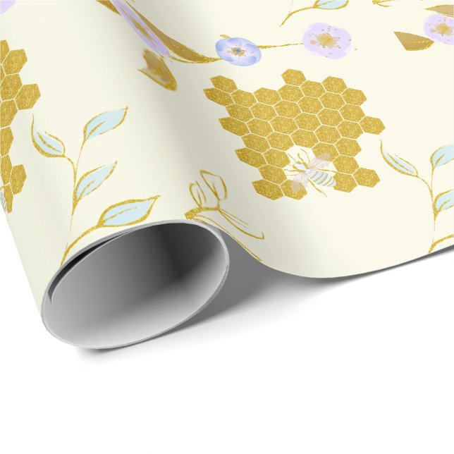 Cute Watercolor Flowery Golden Honey Beehive Wrapping Paper (Roll Corner)