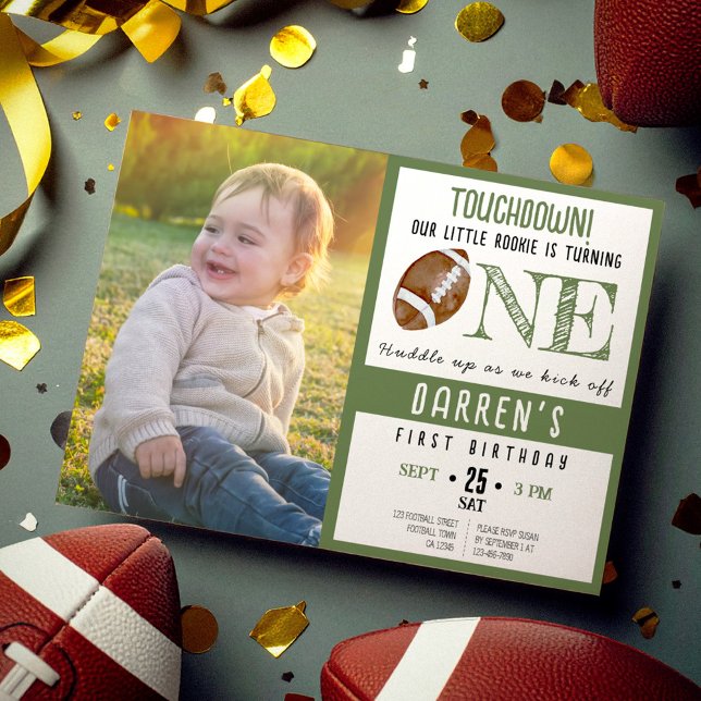 Cute Watercolor Football Photo 1st Birthday Invitation (Creator Uploaded)