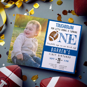 Cute Watercolor Football Photo Boy 1st Birthday Invitation