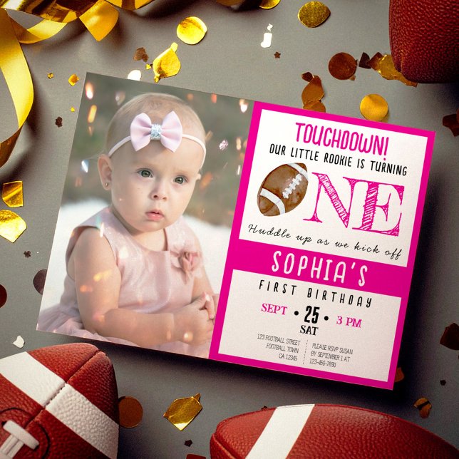 Cute Watercolor Football Photo Girl 1st Birthday Invitation (Creator Uploaded)