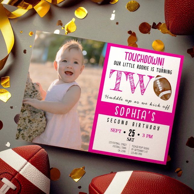 Cute Watercolor Football Photo Girl 2nd Birthday Invitation (Creator Uploaded)
