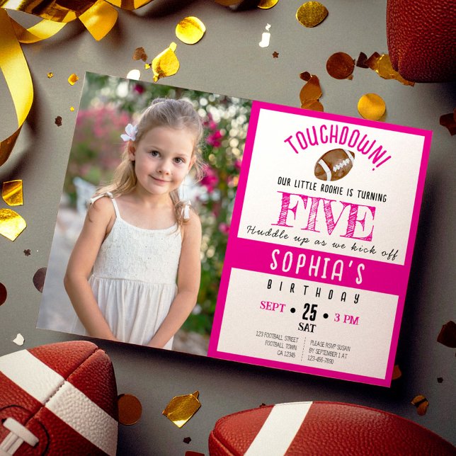 Cute Watercolor Football Photo Girl Birthday Invitation (Creator Uploaded)