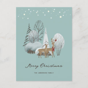 Cute Watercolor Forest Buck Doe Merry Christmas Holiday Postcard