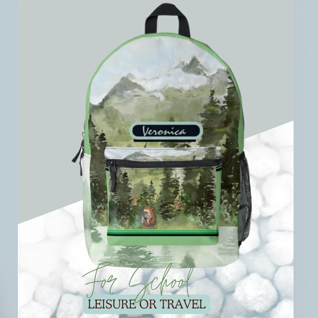 Cute Watercolor Forest  Printed Backpack (Watercolor  forest with fox and bunnies Backpack)