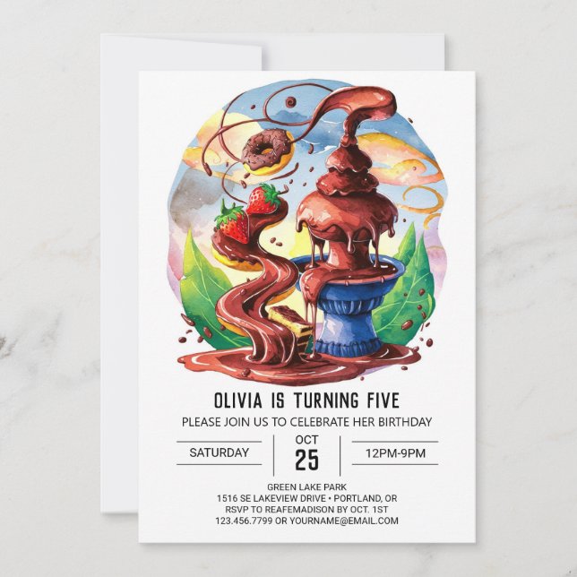 Cute Watercolor Fountain Chocolate Birthday Invitation (Front)