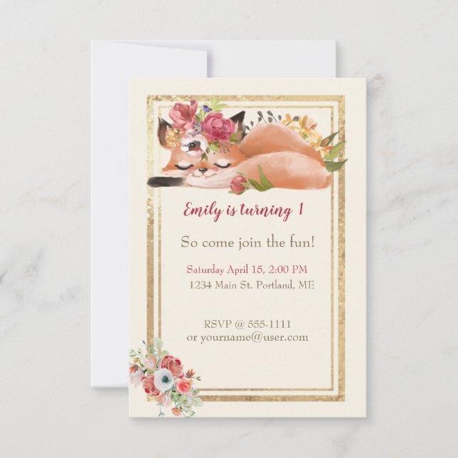 Cute watercolor fox baby birthday party invitation (Front)