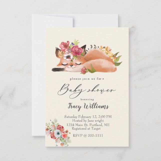 Cute watercolor fox baby shower invitation (Front)