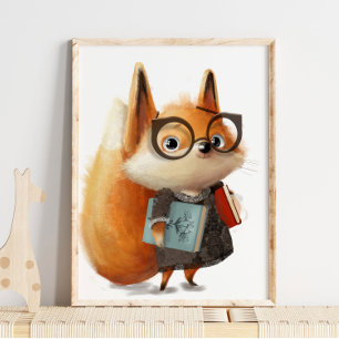 Cute Watercolor Fox Book Student Fox Wall Print