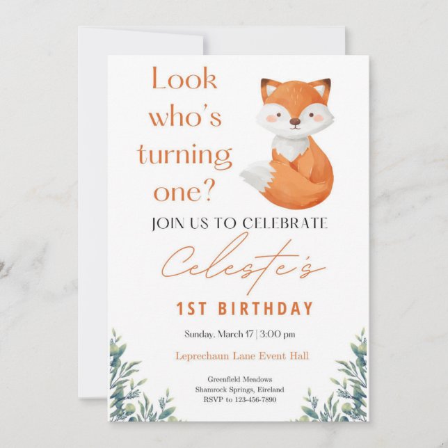 Cute Watercolor Fox First Birthday Invitation (Front)