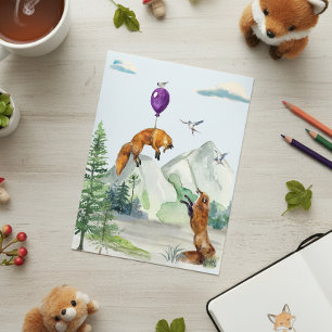 Cute Watercolor Fox Fly Away Forest Scene Postcard