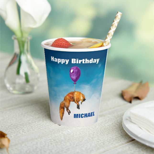 Cute Watercolor Fox happy Birthday Personalised  Paper Cups (Insitu)