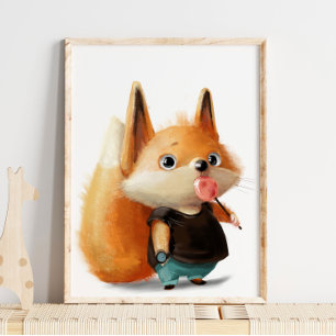 Cute Watercolor Fox Lollipop Fox Wall Print