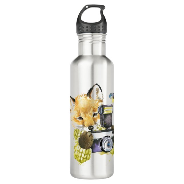 Cute Watercolor Fox Taking Pictures 710 Ml Water Bottle (Front)