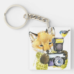 Cute Watercolor Fox Taking Pictures Key Ring