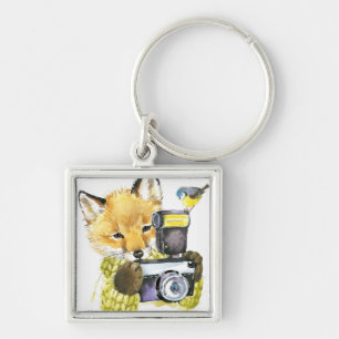Cute Watercolor Fox Taking Pictures Key Ring