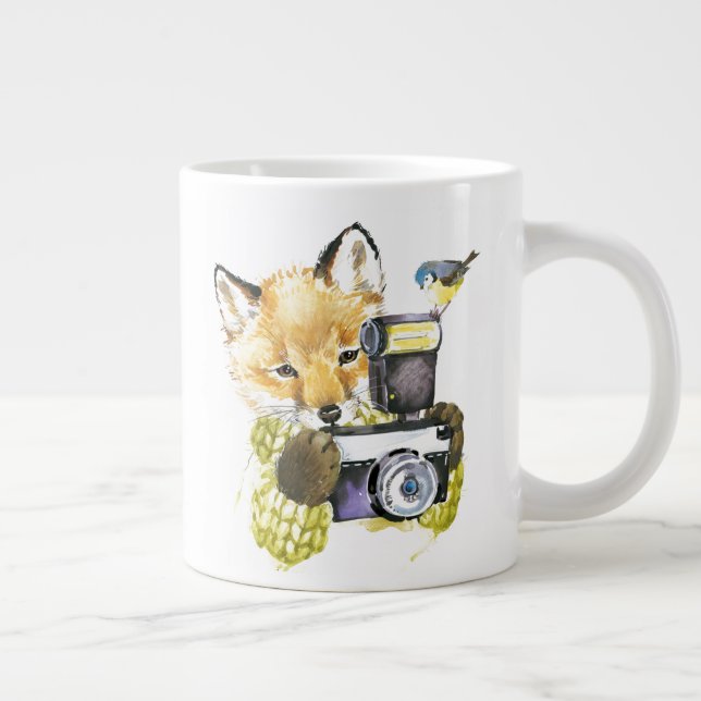 Cute Watercolor Fox Taking Pictures Large Coffee Mug (Right)