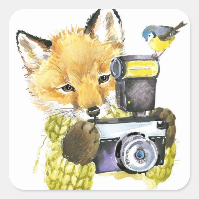 Cute Watercolor Fox Taking Pictures Square Sticker (Front)