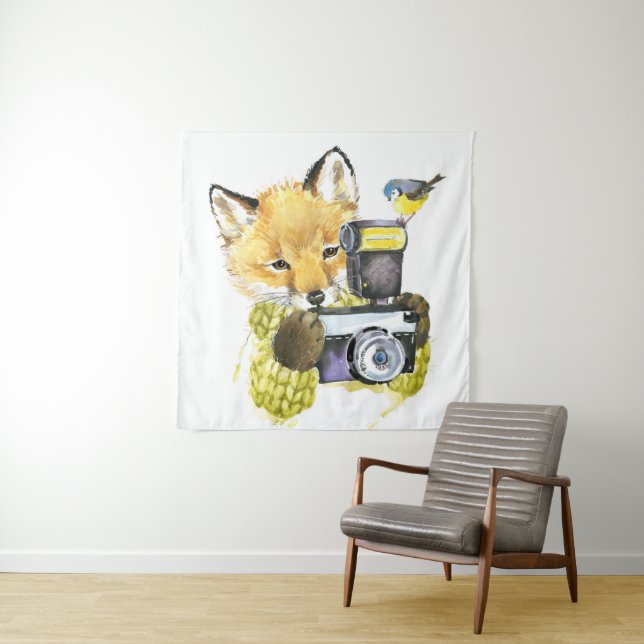 Cute Watercolor Fox Taking Pictures Tapestry (In Situ)