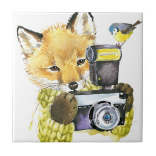 Cute Watercolor Fox Taking Pictures Tile