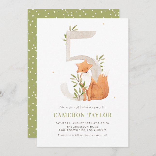 Cute Watercolor Fox Woodland Fifth Birthday Party Invitation (Front/Back)