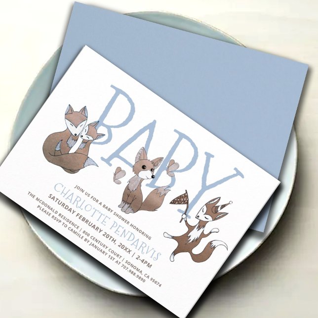 Cute Watercolor Foxes Blue Boy Baby Shower Invitation (Creator Uploaded)