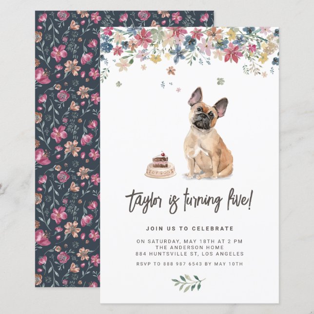 Cute Watercolor French Bulldog Birthday Invitation (Front/Back)