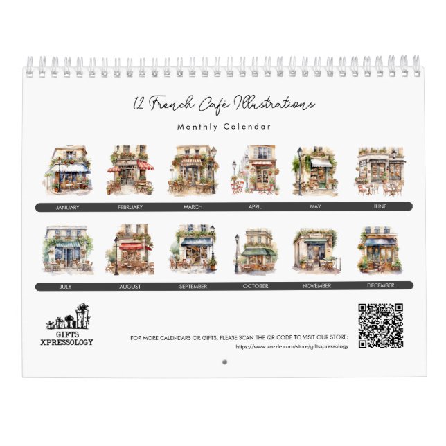 Cute Watercolor French Cafe Bistro Paris Monthly Calendar (Back)