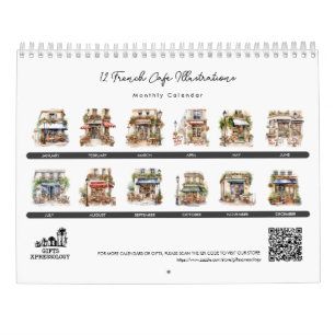 Cute Watercolor French Cafe Bistro Paris Monthly Calendar