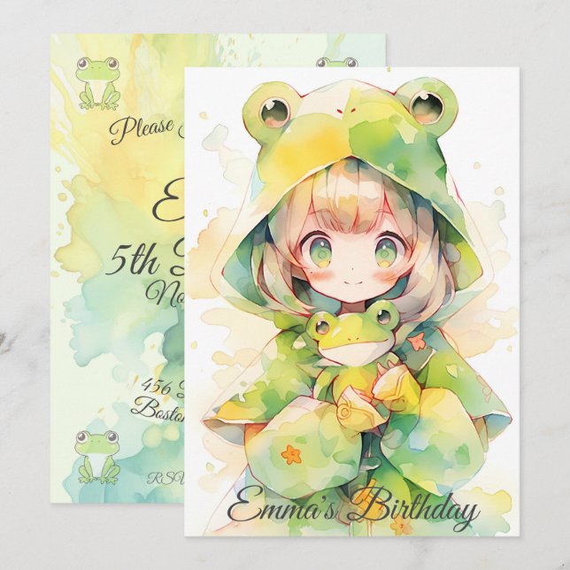 Cute watercolor frog girl birthday invitation (Front/Back)