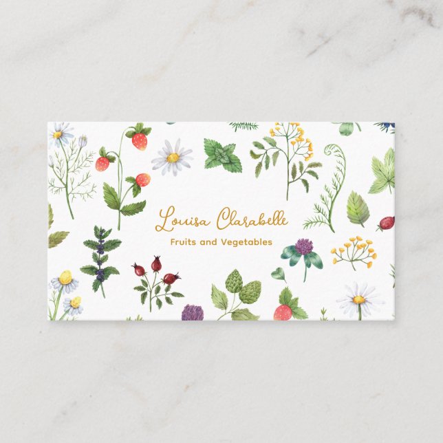 Cute Watercolor Fruit Herb Garden Farm Business Card (Front)