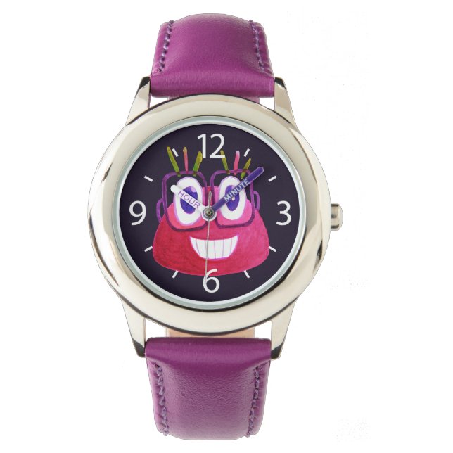 Cute Watercolor Geek Glasses Candy Character Girl Watch (Front)