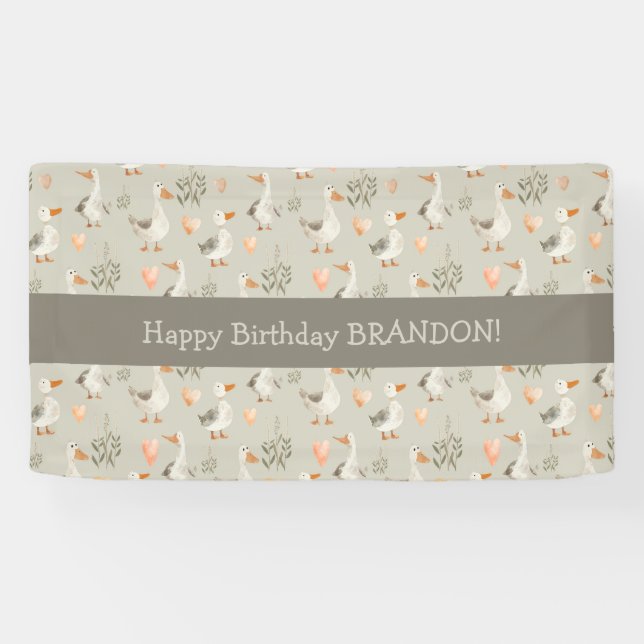 Cute Watercolor Geese Birthday Banner (Horizontal)