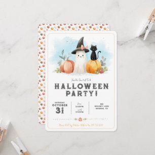 Cute Watercolor Ghost Black Cat Pumpkin Halloween