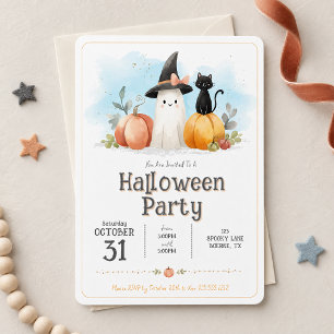 Cute Watercolor Ghost Black Cat Pumpkin Halloween