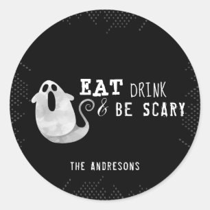 Cute Watercolor Ghost Eat Drink Be Scary Halloween Classic Round Sticker