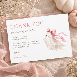 Cute Watercolor Ghost Pink Bow Baby Girl Shower Thank You Card