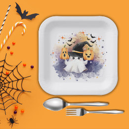 Cute Watercolor Ghost Pumpkin Baby Shower Paper Plate