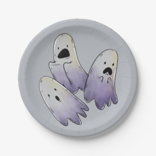 Cute Watercolor Ghosts on Grey Paper Plate