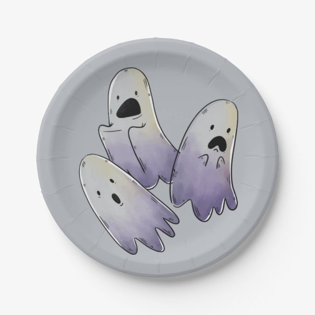 Cute Watercolor Ghosts on Grey Paper Plate (Front)
