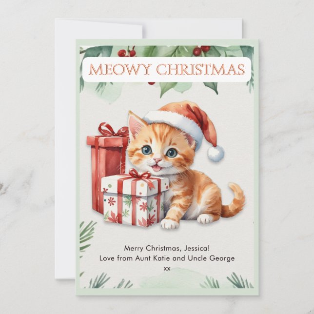 Cute Watercolor Ginger Kitten Custom Christmas Holiday Card (Front)