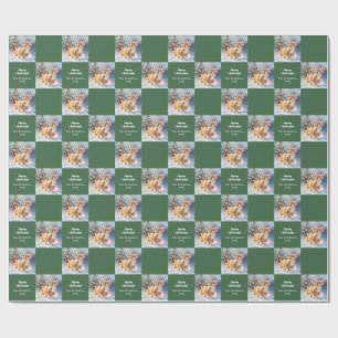 Cute Watercolor Ginger Kitten Green Christmas Wrapping Paper