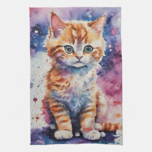 Cute Watercolor Ginger Kitten  Tea Towel