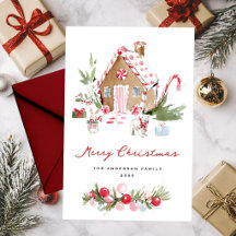 Cute Watercolor Gingerbread House Christmas Card
