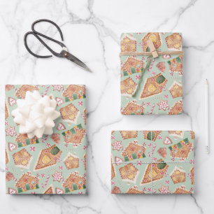 Cute Watercolor Gingerbread House Green Christmas Wrapping Paper Sheet