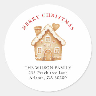 Cute watercolor gingerbread house return address classic round sticker