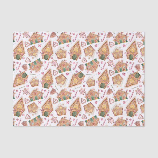 Cute Watercolor Gingerbread House White Christmas Tissue Paper (Front)