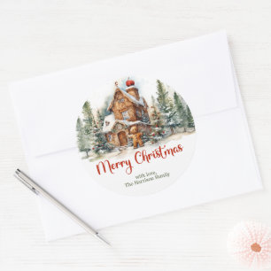 Cute watercolor gingerbread house winter forest classic round sticker